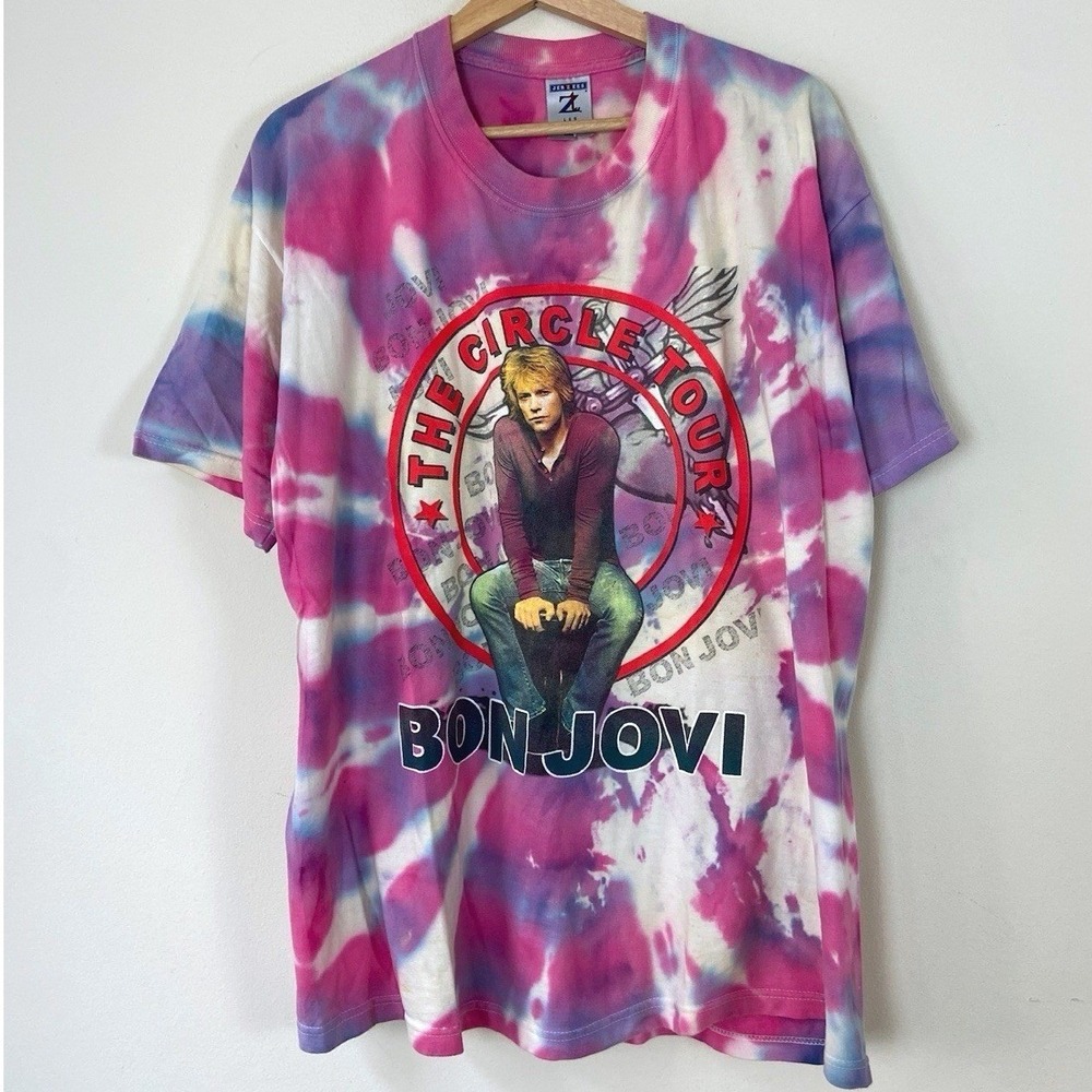 Vintage y2k Bon Jovi Rock Band The Circle Tour Merch Art Tye Dye Tee - Large